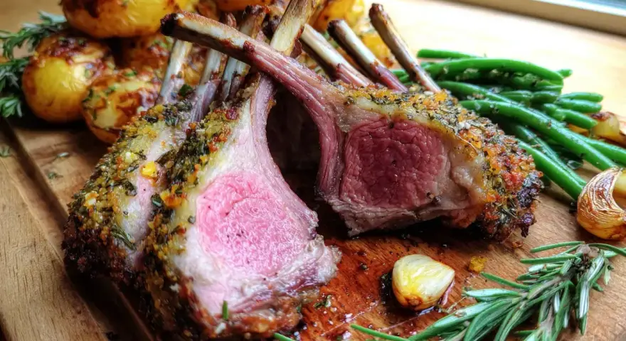 Saftig lammracks med örtpanering, serverad med rostade potatisar och gröna bönor. Ett perfekt lammracks recept för en festmåltid.