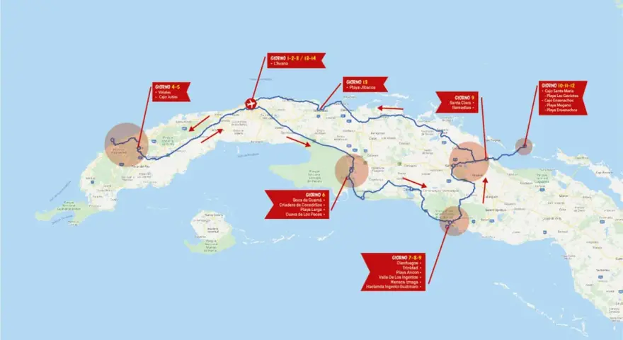 Itinerario di cosa vedere a Cuba: L'Avana, Viñales, Cayo Jutias, Boca de Guamá, Playa Larga, Cienfuegos, Trinidad, Cayo Santa María e altre spiagge.