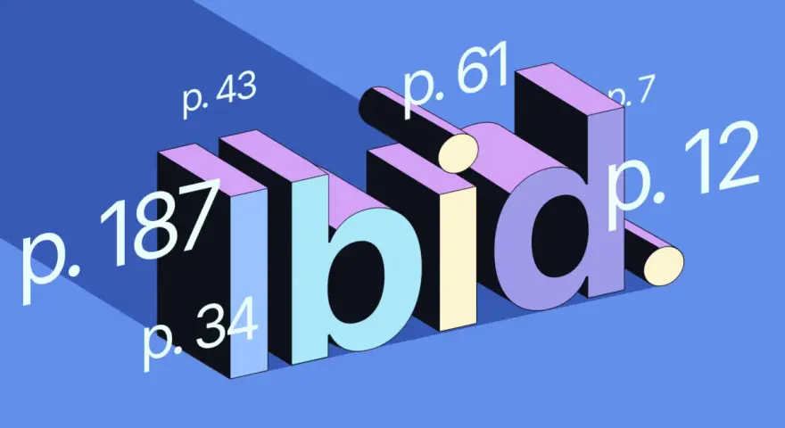 3D-bokstäverna "ibid" med sidnummer som p. 187, p. 43, p. 61, p. 7, p. 34 och p. 12.
