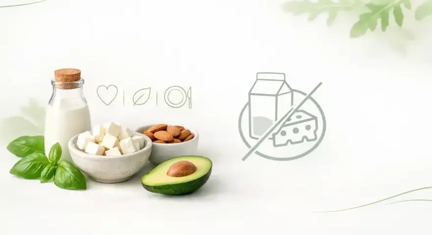 Zdrowa żywność: mleko, ser, migdały, awokado, bazylia. Symbol przekreślonego mleka i sera oznacza produkty bez laktozy.