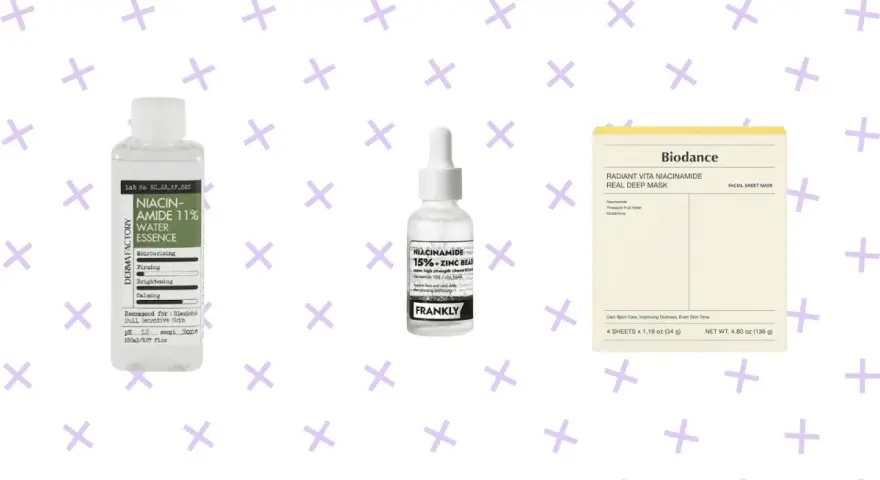 Zestaw kosmetyków z niacynamidem i kwasem salicylowym: serum, esencja i maska.