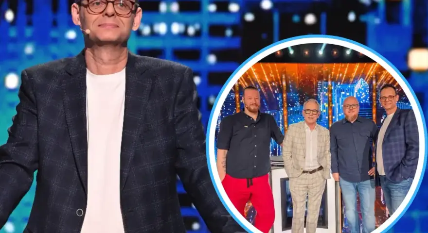 Prowadzący program "Jaka to melodia" z jurorami. Zastanawiacie się, o której godzinie zaczyna się zabawa?