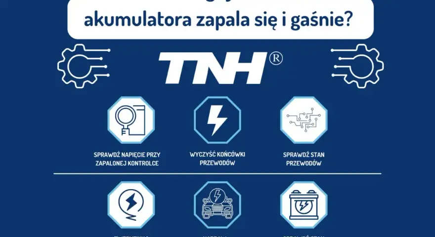 Grafika z poradnikiem: co zrobić, gdy kontrolka akumulatora zapala się i gaśnie. Wskazówki obejmują sprawdzenie napięcia, przewodów, paska alternatora, naprawę alternatora i stan akumulatora.