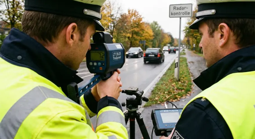 Polizisten mit Warnwesten und Kappen messen mit einem Laser-Blitzer die Geschwindigkeit vorbeifahrender Autos.