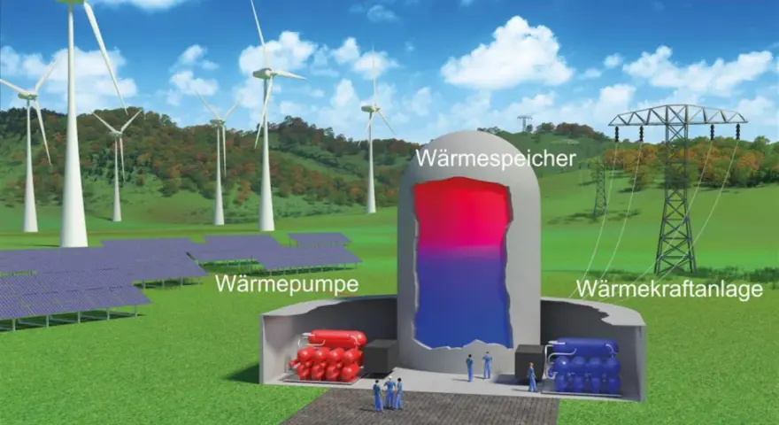 Windräder und Solarpaneele speisen einen Wärmespeicher, der thermische Energie für eine Wärmepumpe und ein Kraftwerk liefert.