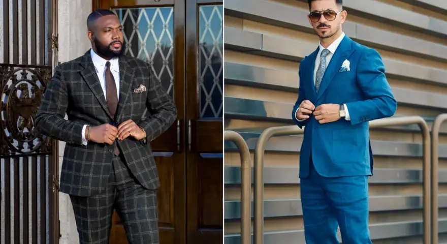 Uomo in abito a quadri scuro e uomo in abito blu brillante. La taglia 46 uomo corrisponde a uno stile impeccabile.