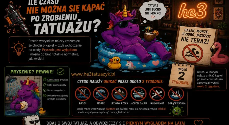 Unicorn w basenie przypomina o przeciwwskazaniach do tatuażu: unikaj kąpieli w wodzie przez 2 tygodnie. Prysznic jest dozwolony.