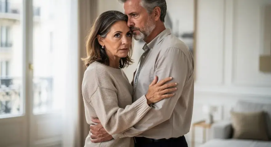 Couple âgé s'étreignant, le regard perdu, une tristesse palpable suggérant un zero libido.
