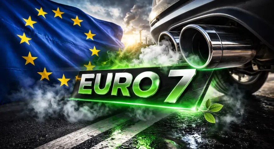 Flaga UE i dym z rury wydechowej samochodu symbolizują nowe normy emisji spalin **euro 7**.