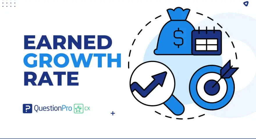 Illustration for "Earned Growth Rate" shows a money bag, calendar, magnifying glass with an upward trend graph, and a target with an arrow.