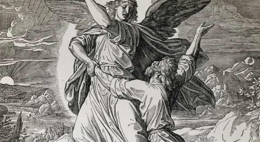 An angel wrestles with Jacob, who clings to him. This scene depicts why Jacob wrestled with God, a pivotal moment of spiritual struggle and transformation.