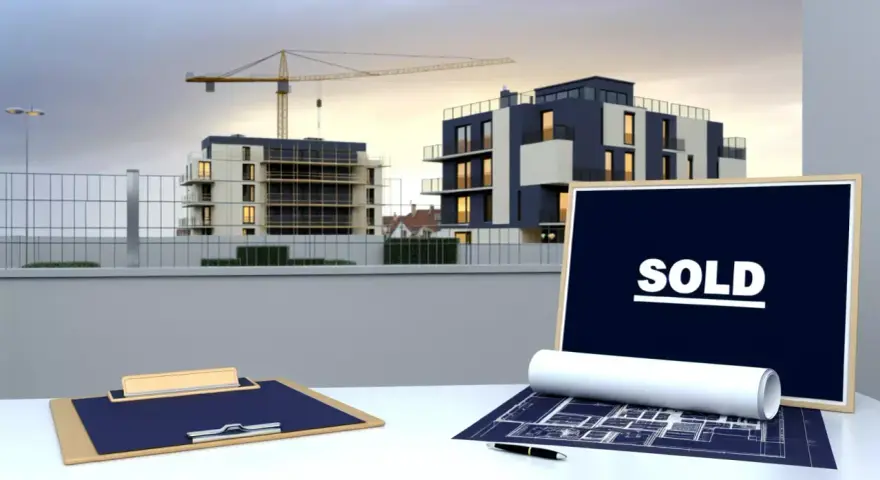 Chantier immobilier avec immeubles modernes, grue et panneau "SOLD". Pas de retard livraison VEFA, tout est vendu !