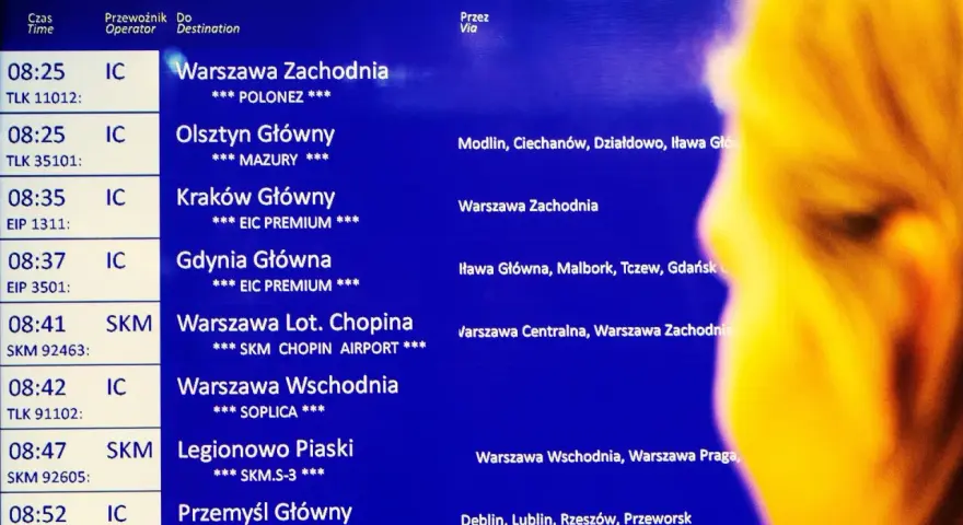 Tablica odjazdów PKP: 08:25 IC do Warszawy Zachodniej, 08:25 IC do Olsztyna Głównego, 08:35 IC do Krakowa Głównego. Kiedy zmiana rozkładu jazdy PKP, warto sprawdzić te odjazdy.