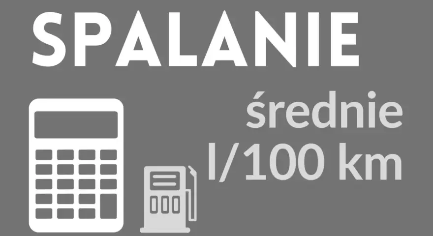 Biały kalkulator i dystrybutor paliwa na szarym tle, z napisem "SPALANIE średnie l/100 km".