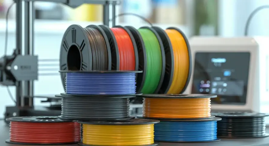 Spools of colorful 3D printer filament, including red, yellow, blue, black, orange, and green, are neatly stacked and arranged. These filaments are essential for creating the strongest 3D prints.