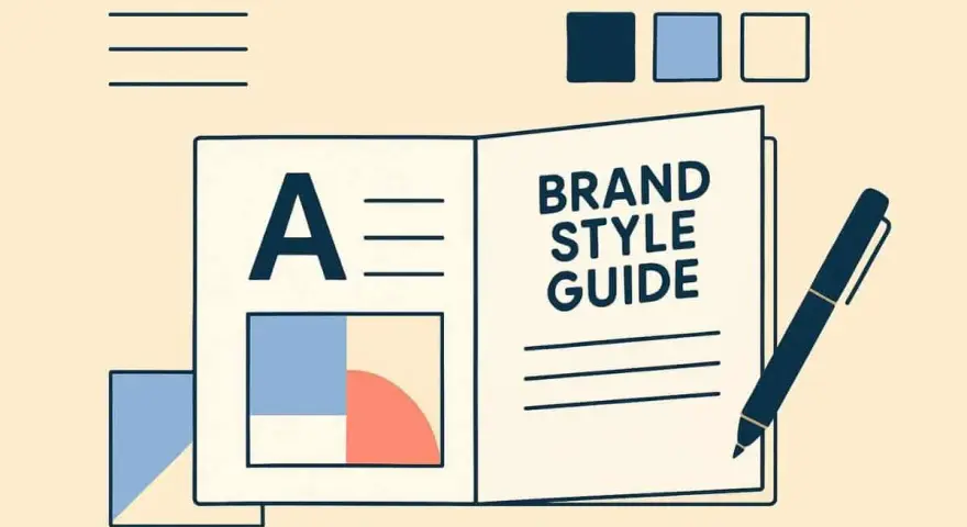 Guía de estilo de marca con la letra "A" y paletas de colores. Las reglas de escritura son claras en este manual.