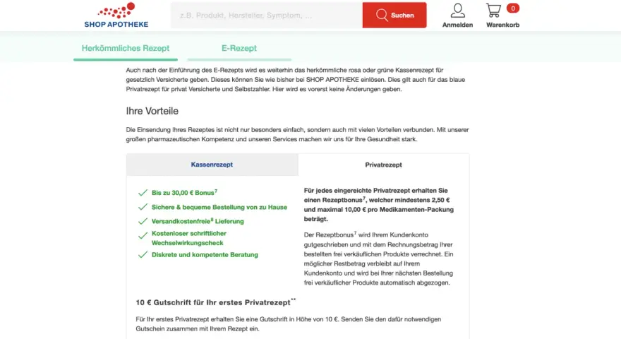 SHOP APOTHEKE Logo, Suchleiste, Warenkorb-Icon und zwei Rezept-Tabs: "Herkömmliches Rezept" und "E-Rezept".