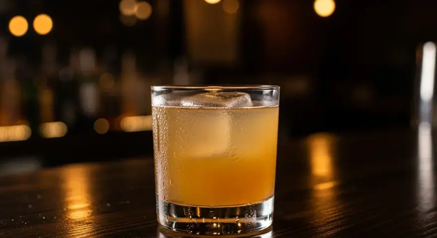 En iskall, gyllene drink med en stor isbit i ett glas på en mörk träyta. En perfekt spicy margarita för en kväll ute.