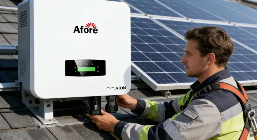 Instalator podłącza falownik 40kW do paneli słonecznych na dachu.
