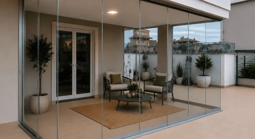 Terrazza moderna con vetrate Vepa scorrevoli, arredata con due poltrone, tavolino e tappeto. Piante in vaso e vista sui tetti.