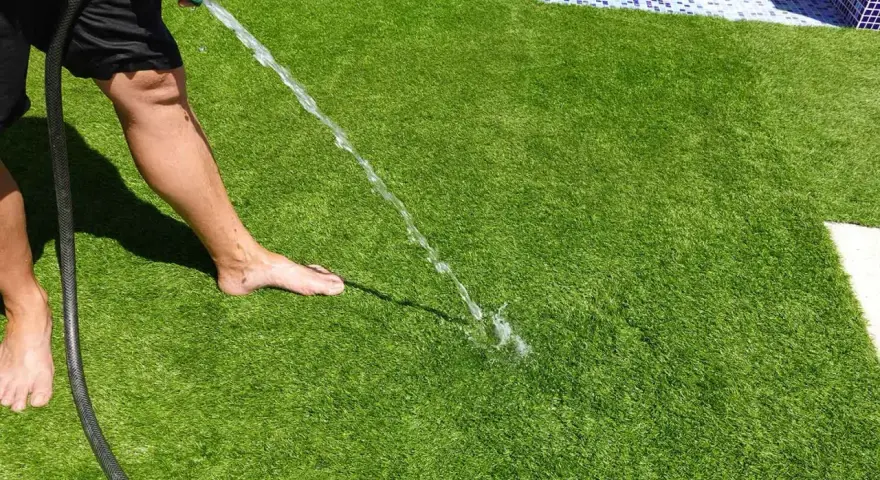 Persona sin zapatos rocía césped artificial con una manguera. Aprende cómo limpiar césped artificial para mantenerlo fresco y verde.