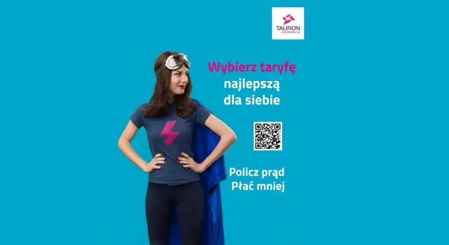 Superbohaterka z błyskawicą na koszulce zachęca do wyboru taryfy, by płacić mniej za prąd. Tani prąd dla każdego!