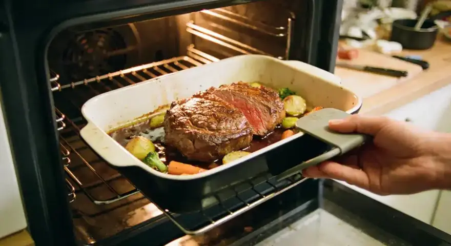 Un rosbeef juteux et ses légumes rôtissent dans un plat au four. La cuisson rosbeef est presque terminée, prêt à être dégusté.