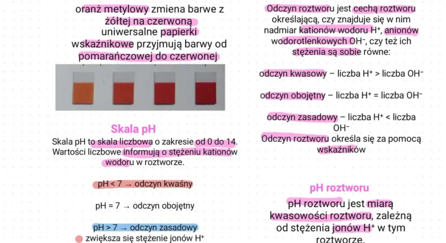 Paski papierka uniwersalnego zmieniają barwę od pomarańczowej do czerwonej, wskazując na obecność kwasów i ich stężenie. pH roztworu mierzy kwasowość.