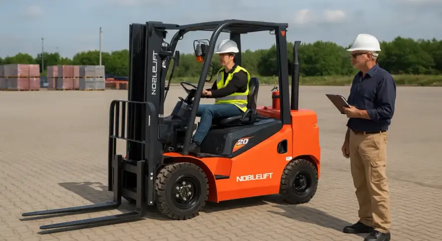 Pomarańczowy wózek widłowy Noblelift z operatorem w kamizelce i kaskiem, obok stoi mężczyzna z notatnikiem.