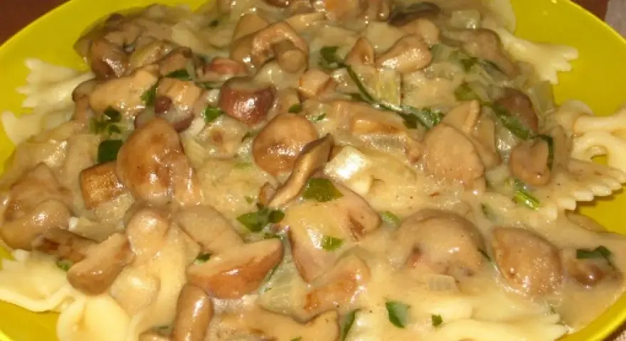 Makaron farfalle z kremowym sosem z maślaków i posiekaną natką pietruszki na żółtym talerzu.