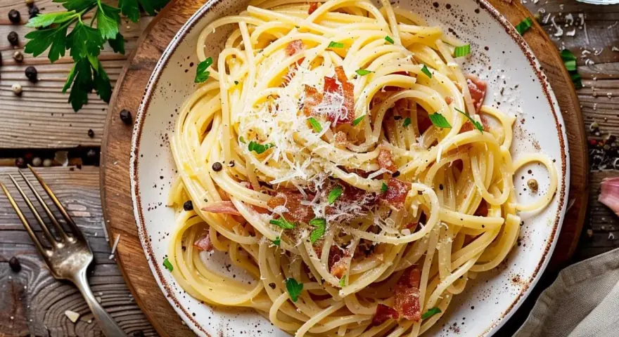 En tallrik krämig spaghetti carbonara, ett klassiskt pasta recept, toppad med parmesan och persilja.