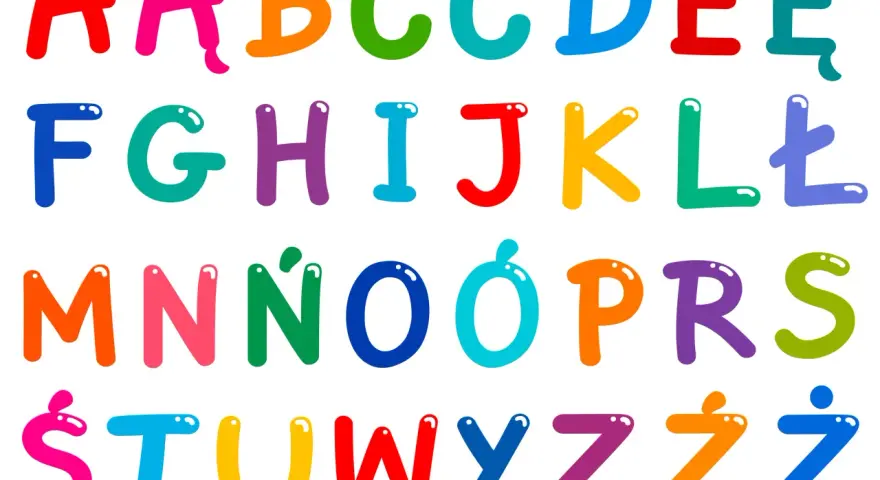 Kolorowy alfabet polski z dwuznakami: A, Ą, B, C, Ć, D, E, Ę, F, G, H, I, J, K, L, Ł, M, N, Ń, O, Ó, P, R, S, Ś, T, U, W, Y, Z, Ź, Ż.