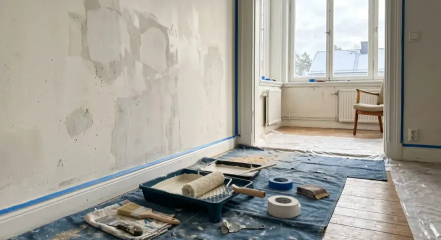 Verktyg för att blanda spackel med vatten ligger utspridda på en blå duk. Väggen är förberedd för målning med spacklade fläckar.