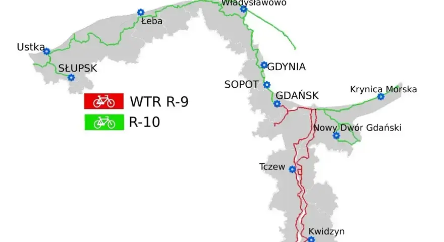 Mapa tras rowerowych WTR R-9 (czerwona) i R-10 (zielona), w tym fragmentów EuroVelo 4, łączących miasta od Ustki po Kwidzyn.