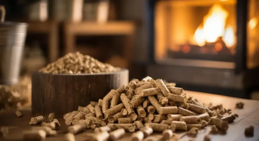 Un mucchio di pellet di legno su un tavolo, con un camino acceso sullo sfondo. L'immagine evoca il tema dell'andamento prezzo pellet.