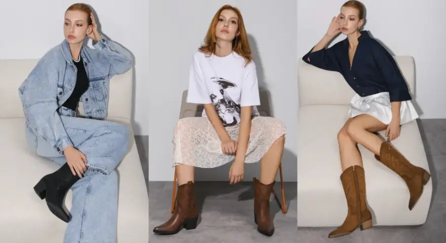 Tres mujeres posan con diferentes atuendos. La de la izquierda lleva vaqueros y una chaqueta vaquera con botines negros. La del centro, falda de encaje y camiseta gráfica con botines marrones. La de la derecha, falda blanca y camisa vaquera oscura con ...