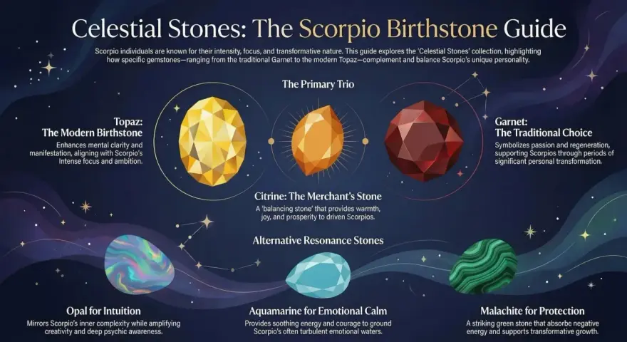 Scorpio birthstone guide featuring Topaz, Citrine, and Garnet. Also shows Opal, Aquamarine, and Malachite.