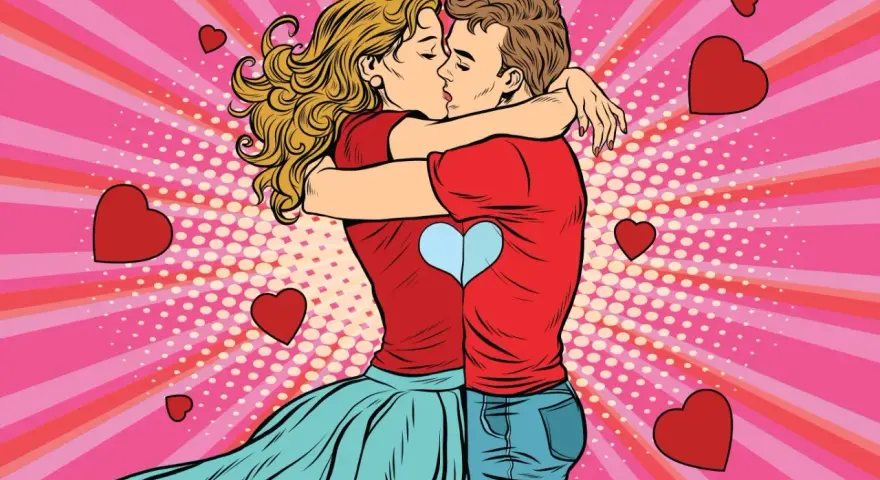 Para zakochanych w stylu pop-art, całująca się kobieta koziorożec z rozwianymi włosami i mężczyzna w objęciach, otoczeni serduszkami.