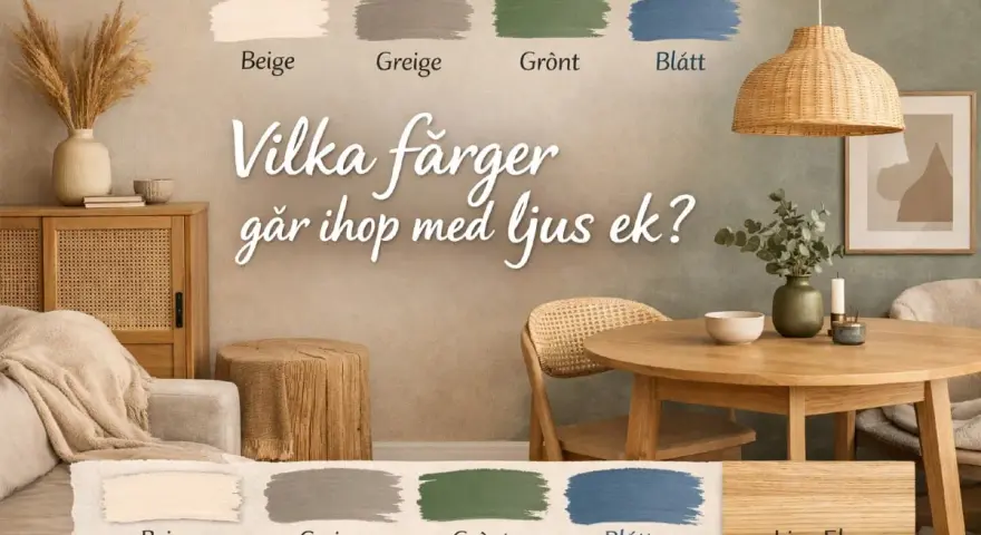 En inbjudande inredning med ljusa trädetaljer och en cool gray vägg. Färgprover visar beige, greige, grönt och blått som komplement.
