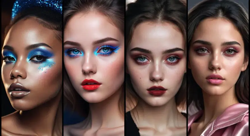 Quattro volti con trucco audace: blu elettrico, rosso acceso, bordeaux e rosa. Un omaggio al trucco anni 70.