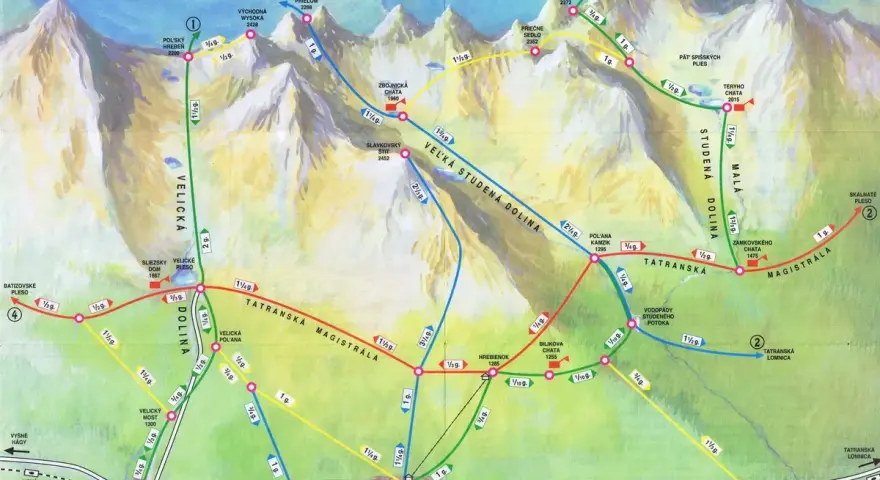 Mapa turystyczna słowackich Tatr z zaznaczonymi szlakami, w tym łatwe szlaki w Tatrach Słowackich w dolinach Wielickiej i Studenej.
