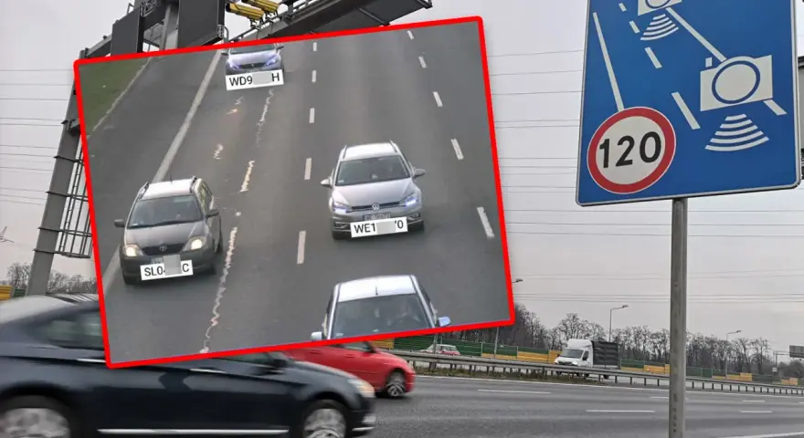 Znak ograniczenia prędkości do 120 km/h i fotoradar. Na nagraniu z kamery widać samochody na drodze, które mogą otrzymać mandat z fotoradaru.