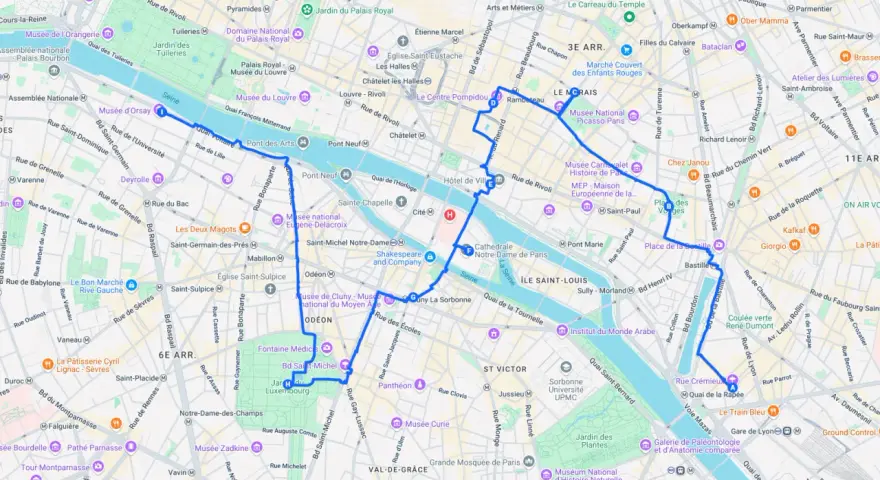 Itinéraire pour visiter Paris en 4 jours, passant par le Louvre, Notre-Dame, le Marais et Bastille.