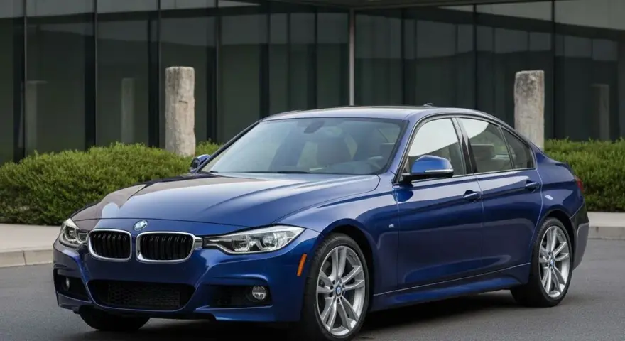 Niebieskie BMW F30 na tle nowoczesnego budynku. Zastanawiasz się nad jego **koszty utrzymania**?