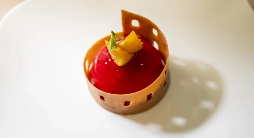 A red berry mousse dessert with orange zest and mint, presented in a decorative pastry shell on a white plate.