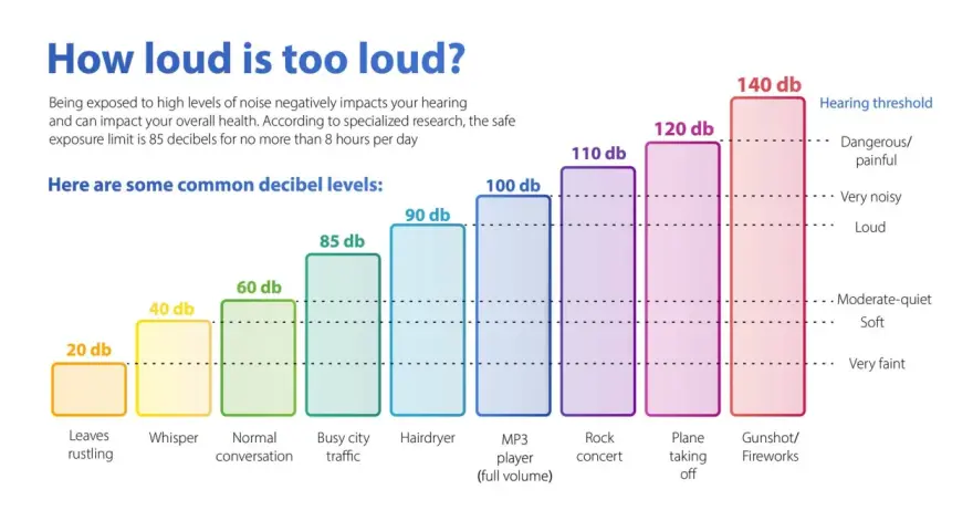 Graphique comparant les niveaux sonores, de 20 dB (feuilles) à 140 dB (coup de feu). Le bruit d'un sèche-cheveux est de 90 dB.