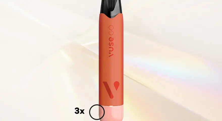 Vuse Go, un dispositivo con nicotina, en color naranja con detalles en rosa.