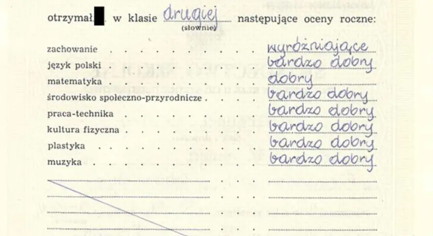 Świadectwo z drugie klasy z ocenami rocznymi: wyróżniające, bardzo dobry, dobry.