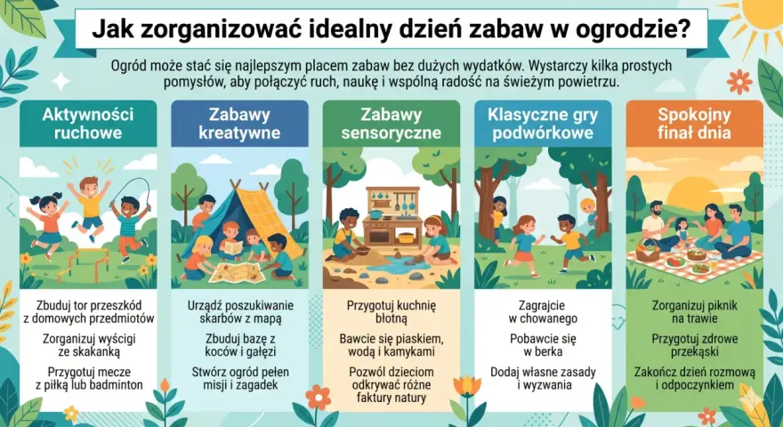 Pomysły na zabawy w ogrodzie: ruchowe, kreatywne, sensoryczne, gry podwórkowe i piknik. Idealny dzień pełen radości na świeżym powietrzu.