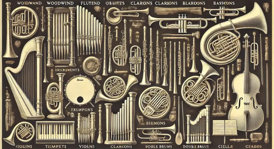 Wspaniała kolekcja instrumentów muzycznych, od harfy i organów po trąbki i skrzypce. Każdy instrument na zdjęciu to dzieło sztuki.